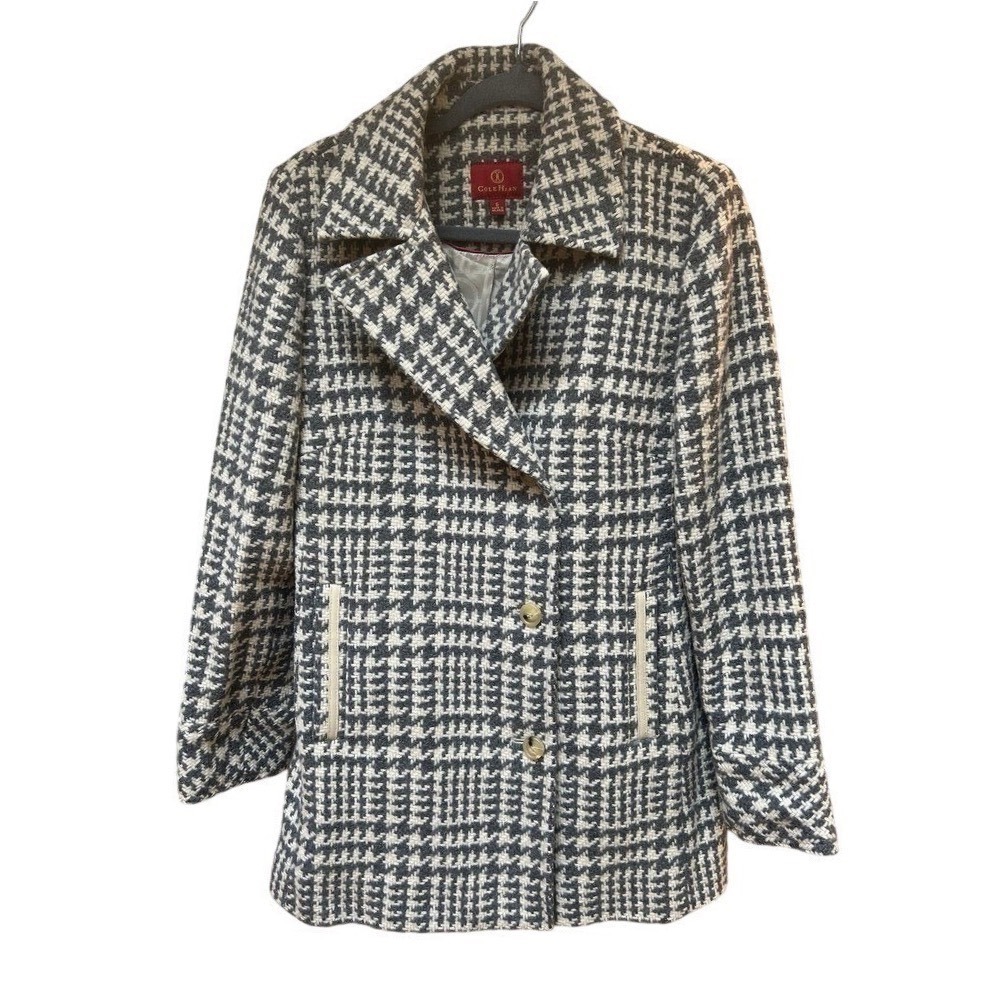 Cole Haan Houndstooth Wool Blend Coat Grey Cream Plaid Pea Coat Womens Size 6
